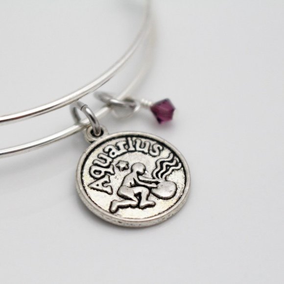 February Aquarius Adjustable Charm Bangle - Handmade Zodiac Bracelet - Picture 8 of 10